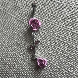 3D Pink Roses CZ Leaves Dangling on Vine Belly Button Ring Body Jewelry   