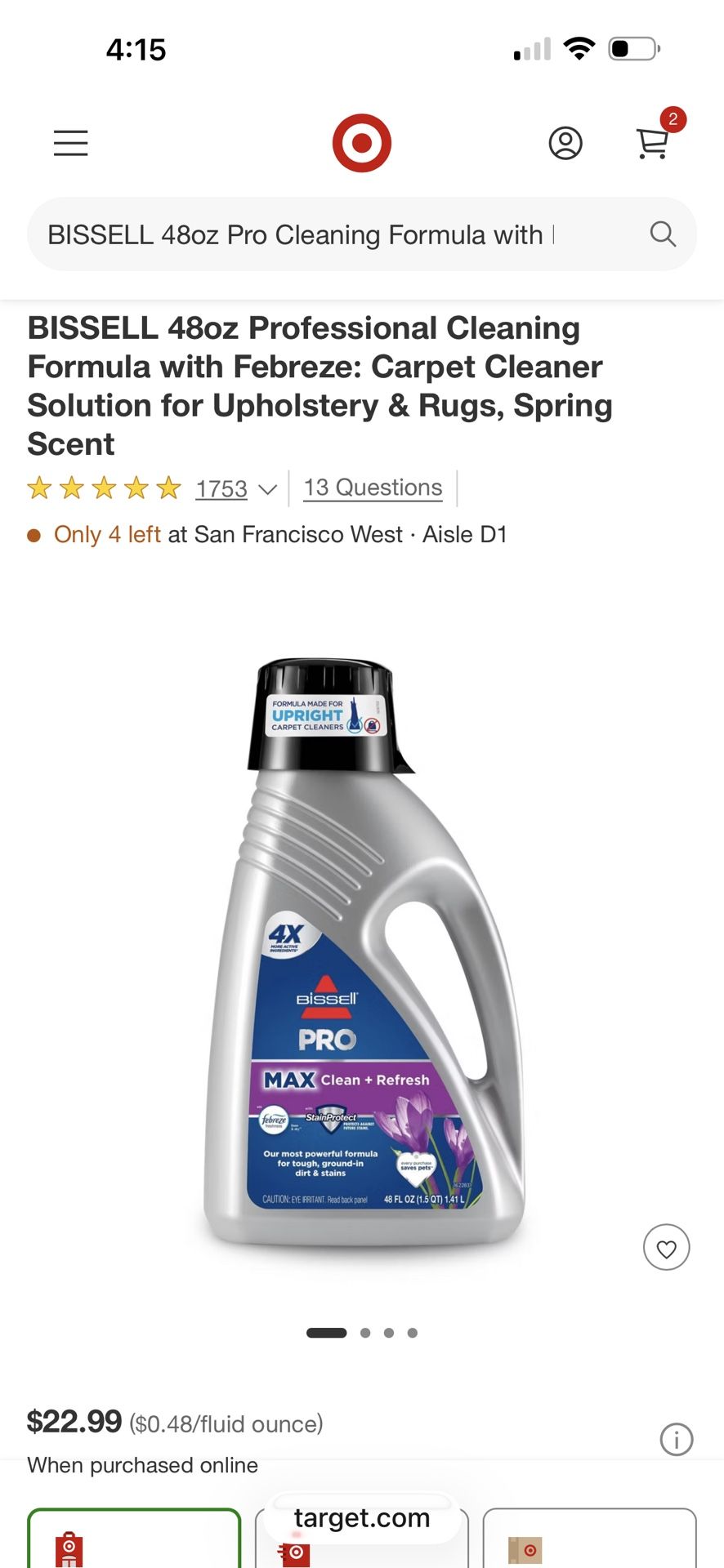 Sealed Unopened Bought From TarTarBISSELL 48oz Professional Cleaning Formula with Febreze: Carpet Cleaner Solution for Upholstery & Rugs, Spring Scent