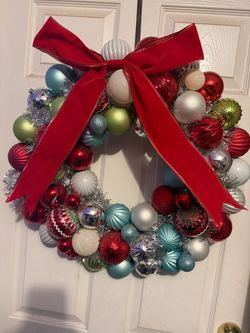 Christmas Ornament Ball Wreath with Red Bow