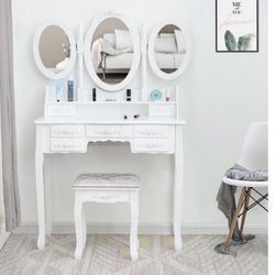 Vanity Set,Make Up Dressing Table Set w/Stool 7 Drawer & 3 Foldable Mirrors White