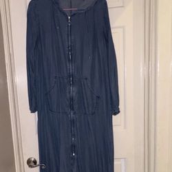 Long Blue Denim Maxi Dress Women's Hooded Zip Front Pockets Long Sleeve Solid