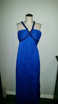 New Sz 0 juniors womens royal blue beaded chiffon formal prom dress cut out back from Bloomingdale's