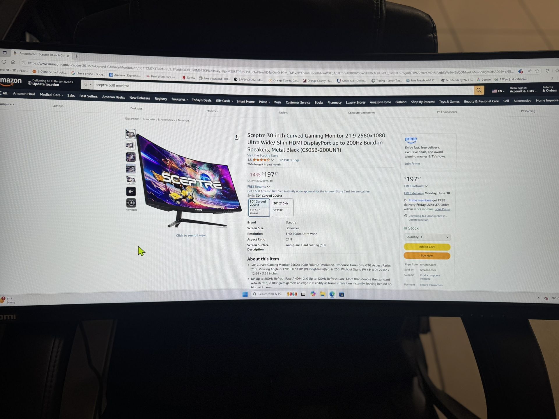 Sceptre C305B-200UN1 30-inch Curved Gaming Monitor 2560x1080 up to 200Hz, Ultra Wide, 21:9, HDMI, DisplayPort, Build-in Speakers, Slim, Metal Black