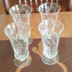 Set of 4 Vintage Etched Stemmed Parfait Glasses