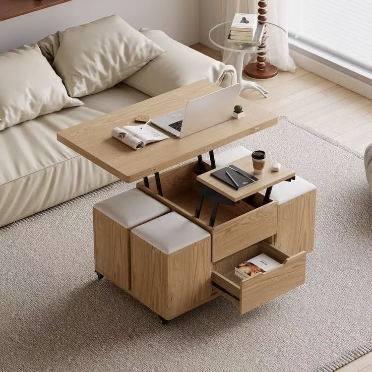 🔥On Sale🔥 Lift-Top Foldable Natural Coffee Table With 4 Stools & Storage $200