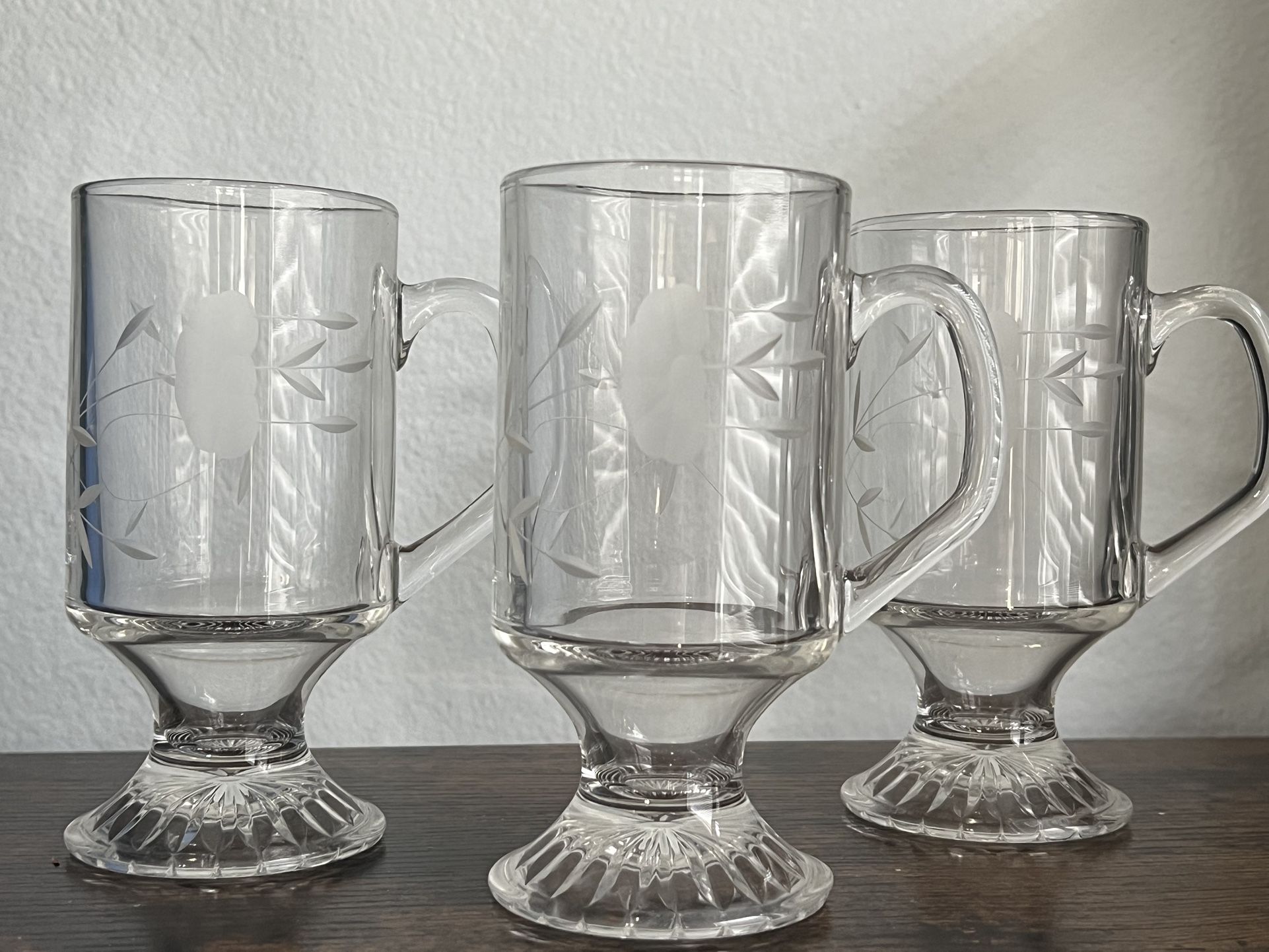 Vintage Princess House Heritage Footed Etched Glass Irish Coffee Mugs. Set 8