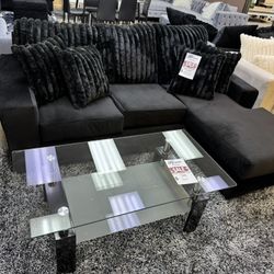 BLACK REVERSIBLE SUPER SOFT VELVET SECTIONAL COUCH SET 