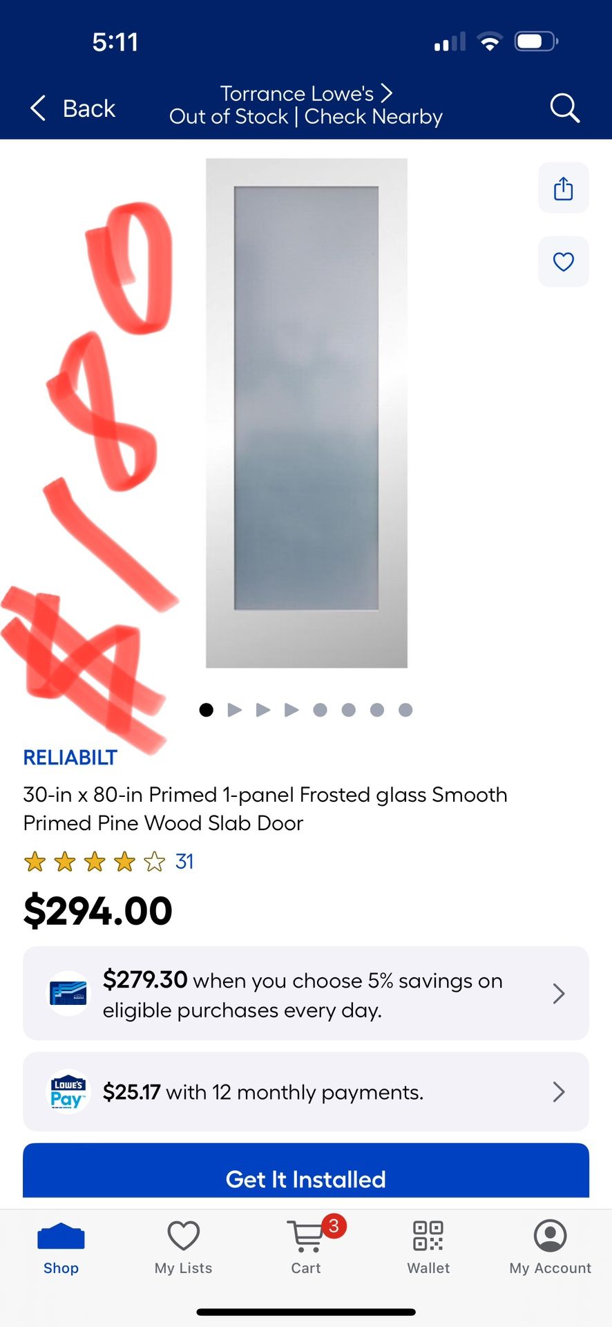 RELIABILT 30-in x 80-in Primed 1-panel Frosted glass Smooth Primed Pine Wood Slab Door