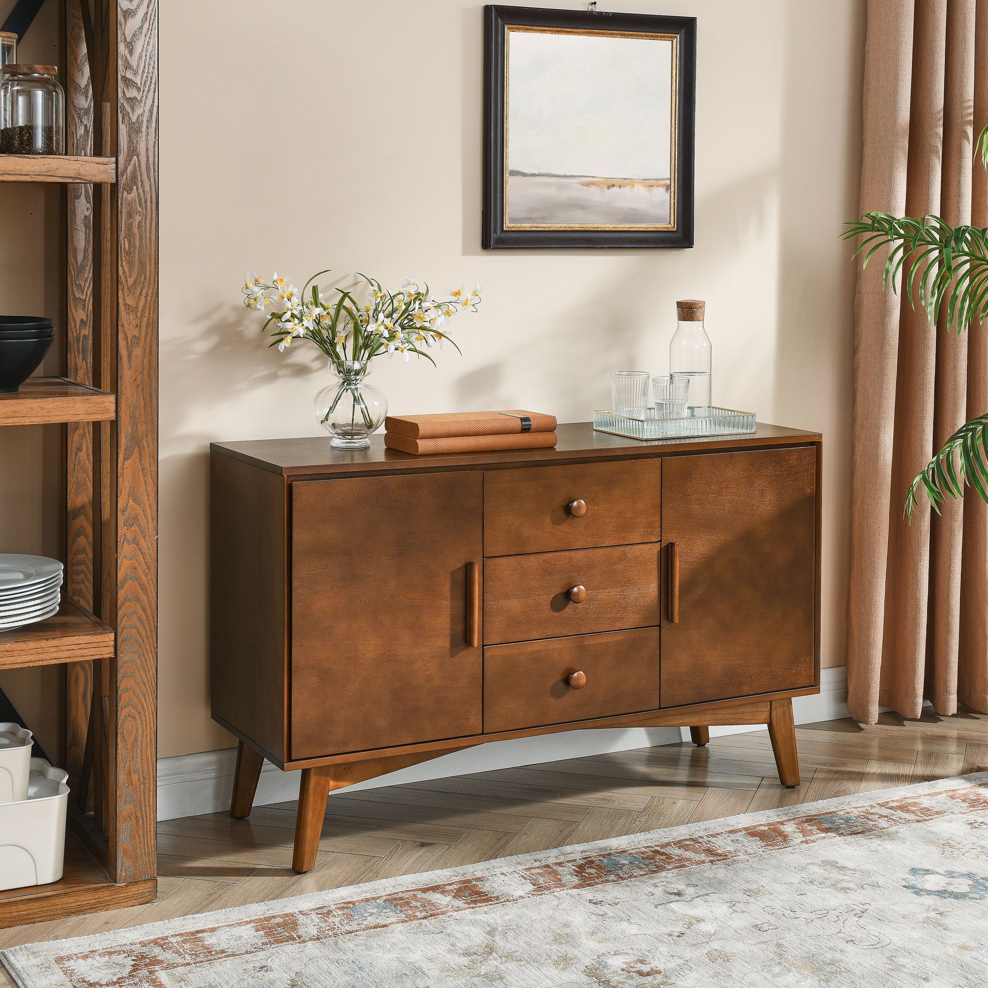 New Sealed Mid Century Sideboard Buffet with Storage 2 Doors 3 Drawers Walnut
