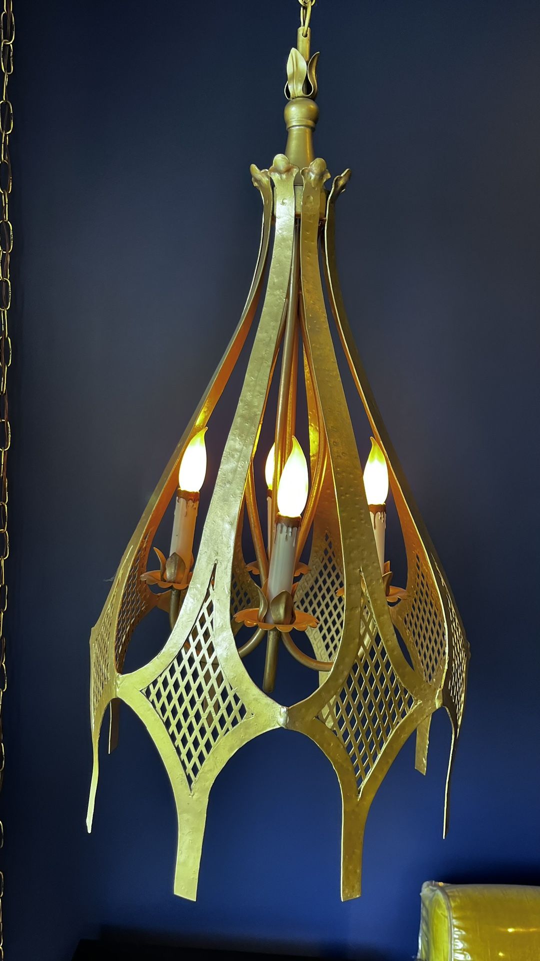 MCM Hammered Gold Metal Pendent Swag Light Plug In Chandelier Vintage 31” X 16 “