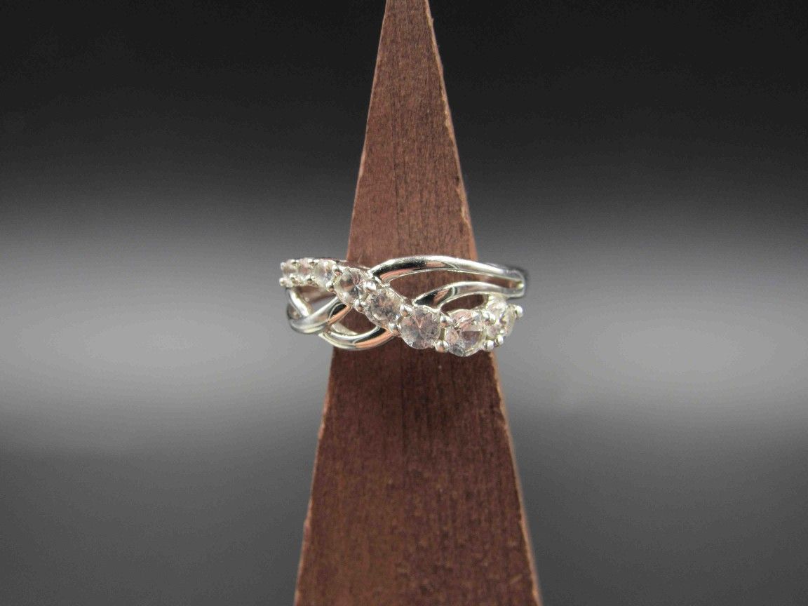 Size 6.75 Sterling Silver White Sapphire Journey Gem Band Ring Vintage Statement Engagement Wedding Promise Anniversary Cocktail