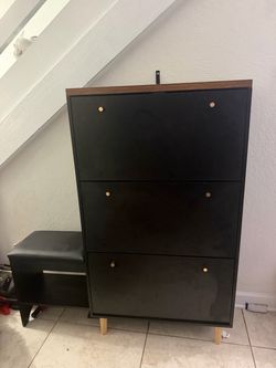 Modern Black 3-Tier Shoe Cabinet/Storage With Bench