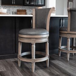 Brand new Maven Lane Pullman Counter Stool 26 Inches – Swivel Stool with Footrest – Grey Solid Wood Frame & GreyLeather Upholstery – Perfect for Kitch