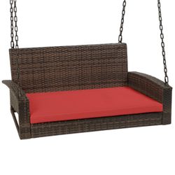 New in box Woven Wicker Hanging Porch Swing Bench w/ Mounting Chains, Seat Cushion