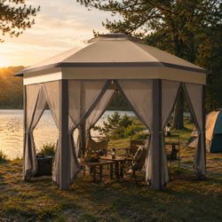 13 ft. x 13 ft. Beige Outdoor Hexagon Portable Pop-Up Gazebo / Canopy Tent  w/ Mesh Netting [NEW] **Retails for $170