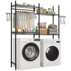 675#Over Washer and Dryer Storage Shelves, 4 Tiers Laundry Room Drying Rack with Hanger Rod and Hooks, Two Rows Adjustable Washer Shelves Space Saver,