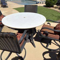 Patio Table, 4 Chairs And Umbrella  Set