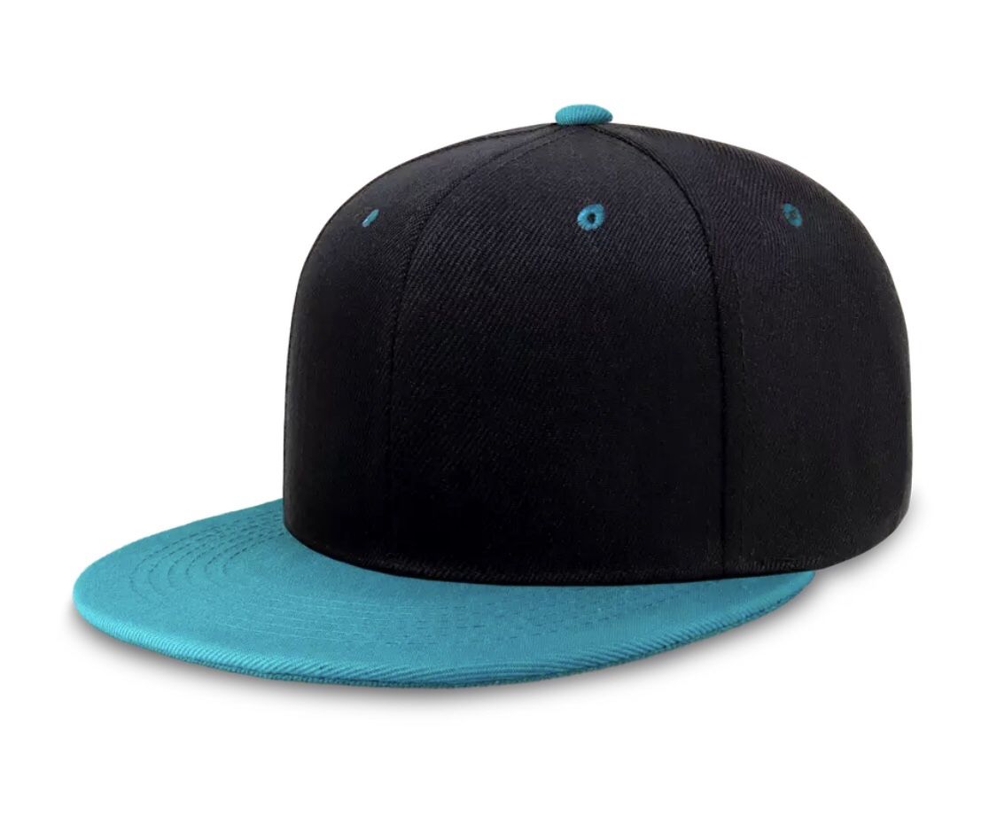 LOGA Black and Teal Blank Plain Polyester Snapback Hat Plastic Snap Flat Visor High Crown