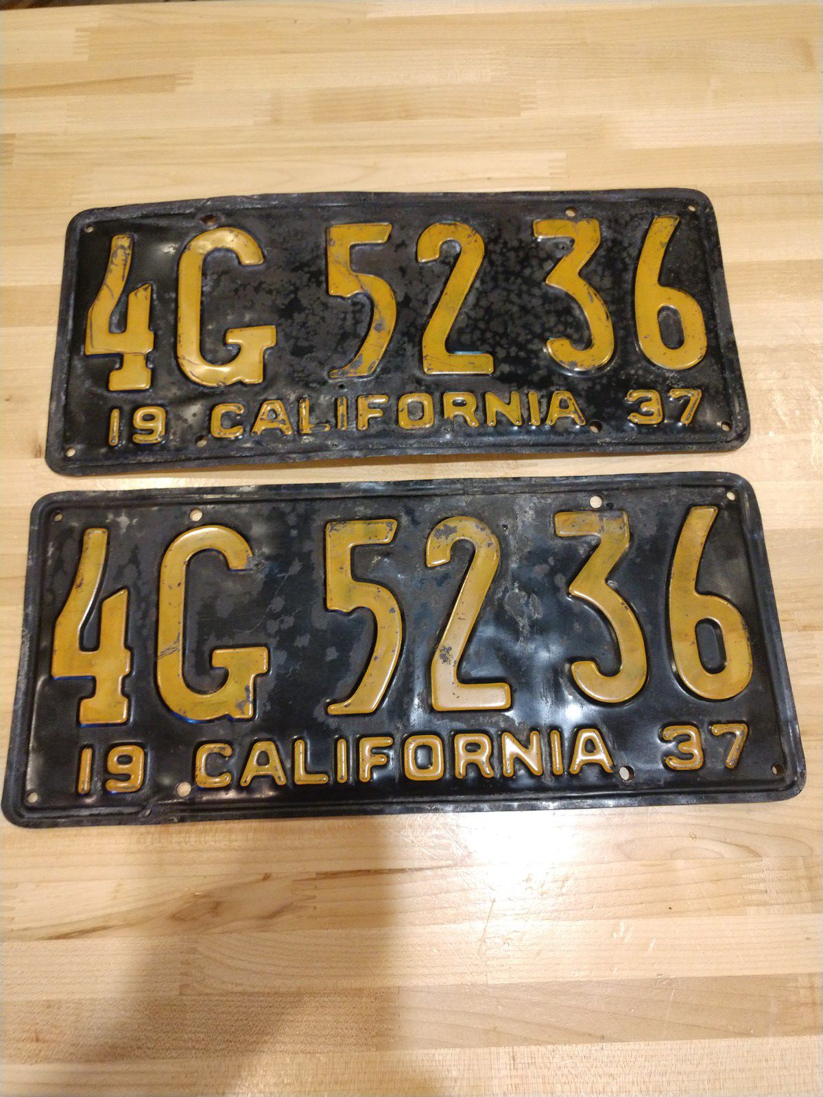 Pair of 1937 Black & Gold California car license plates