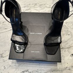 YSL OPYUM SANDALS IN PATEN LEATHER BLACK HEEL 39 1/2