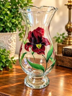 Vintage Gibson "Lianna" Hand-Painted Glass Vase Red Iris Flowers Medium Size
