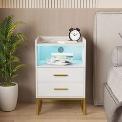 White Nightstand with Charging Station & LED Lights, Nightstands with 2 Drawers and Open Storage, Wooden Side Table Stand by Sofa, with USB Ports 