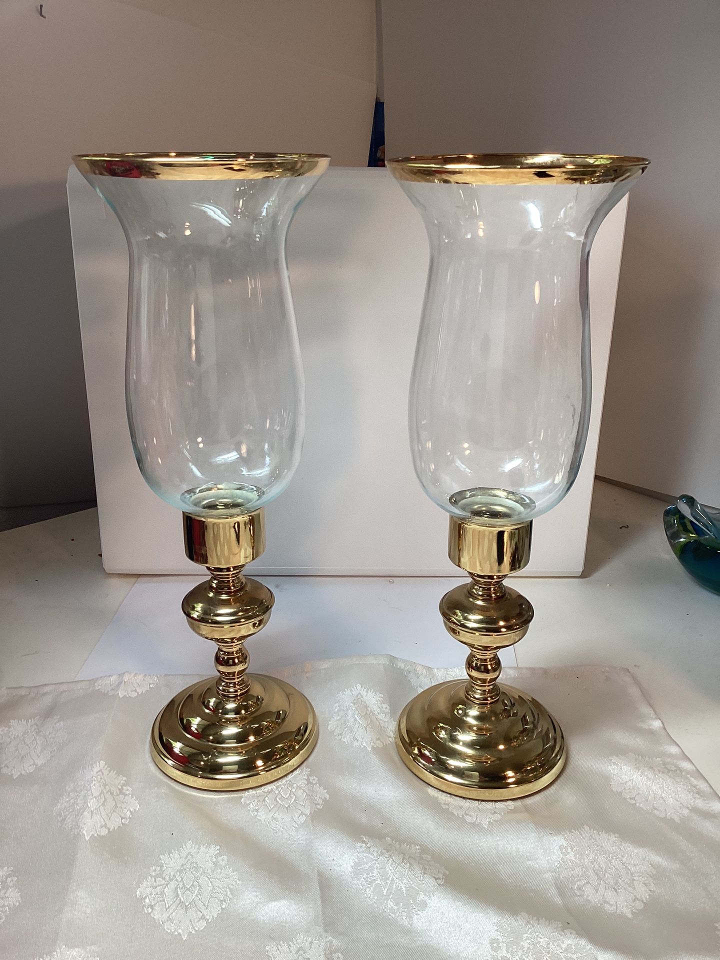 Vintage Set Of 2 MCM Brass Hurricane Candlestick Holders 14”1