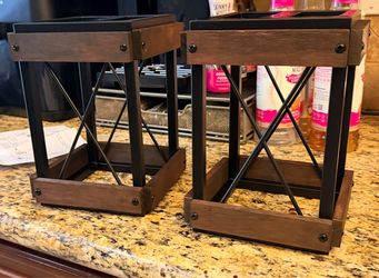 Pair of Rustic Wood Black and Metal Caged Pendant alights