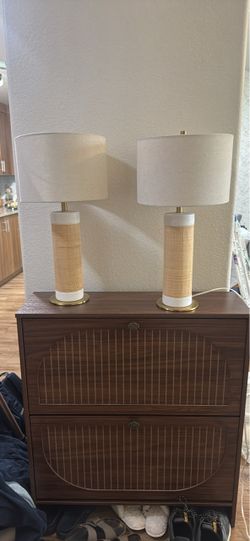 2 Rattan and Brass Table Lamps