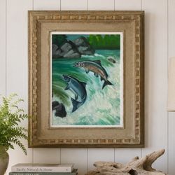     Vintage 1968 Original Pacific Salmon Run Frame River Painting Wall Hanging Signed Alice Art MCM Mid Century Artist Retro 