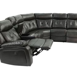 Grey Leather Sectional With Manual Motion Reclining Seats + Storage Console + Cup Holders