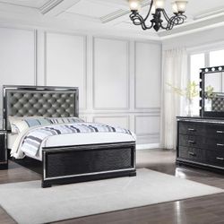 Upholstered Tufted Silver and Black Set