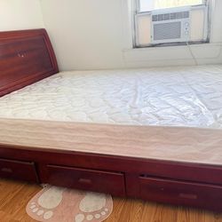 Queen Size Dark Wood Bed Frame w/ Storage + Queen Sized Mattress