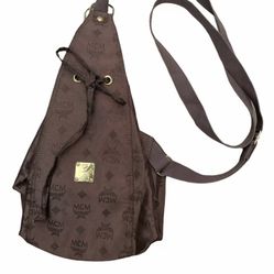 Rare MCM Munchen | Cone Shape Brown Logo Print Canvas Backpack | Made in Germany