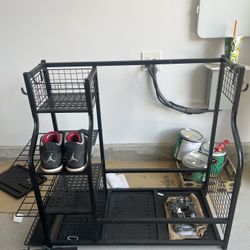 Black Metal Golf Storage Rack - Holds 2 Bags & Shoes