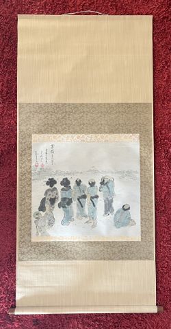 Vintage Hanging Silk Screen Scroll Japanese Painting - 55x26” - Signed 