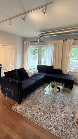 Black Velvet Sectional Sofa with Chaise and Nailhead Trim