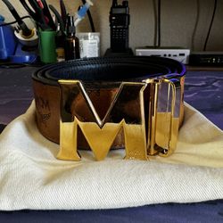 MCM Mens Belt w/ Gold Emblem - Cognac Brown