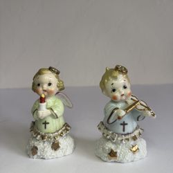 Vintage Porcelain Christmas Angels - Set of 2 Holiday Figurines with Gold Accents