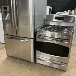 GE Profile Refrigerator French Door And Gas Stove. Stainless Steel 