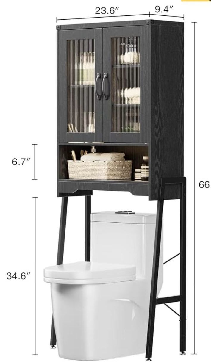 😀 Over The Toilet Storage Cabinet with Tempered Glass Doors & Adjustable Shelf, Bathroom Organizer with Metal Stand Space Saver Over Toilet
