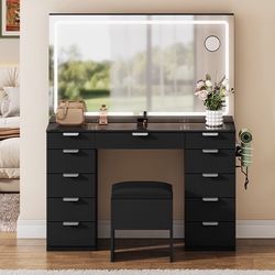 46'' Large Makeup Vanity Desk Set with Large LED Lighted Mirror & Power Outlet, Glass Top Vanity with 11
