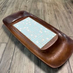 Mid Century, Solid Wood Tile Servant Tray Platter 
