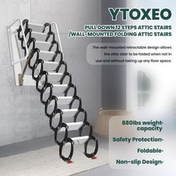 Attic Stairs Pull Down 12 Steps, 10.85 FT Retractable Alloy Attic Folding Stairs Loft Ladder Wall Mounted with Pull Rod, Attic Steps with Armrests (Al