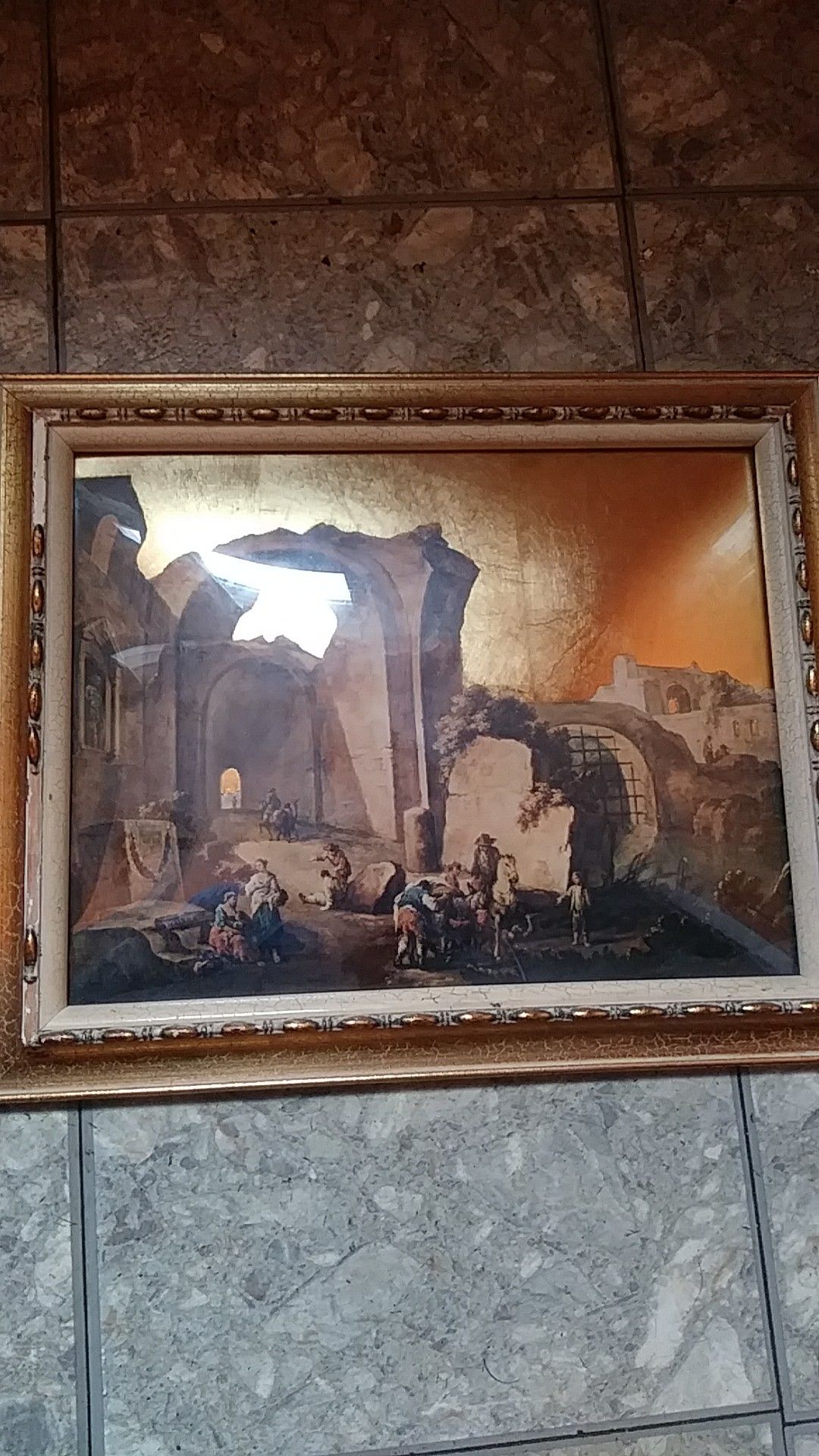 24 karat gold metal picture Roman ruins curved glass