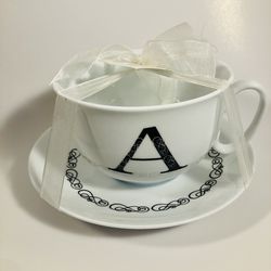 Grace And Teaware Letter “A” Cup and Saucer Set White