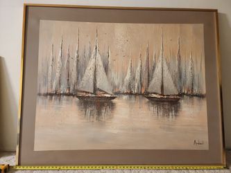 Sailboats Painting on Canvas, Nautical Wall Art,Textured Painting, Large Framed Painting, SignedPainting, Framed Art, Vintage