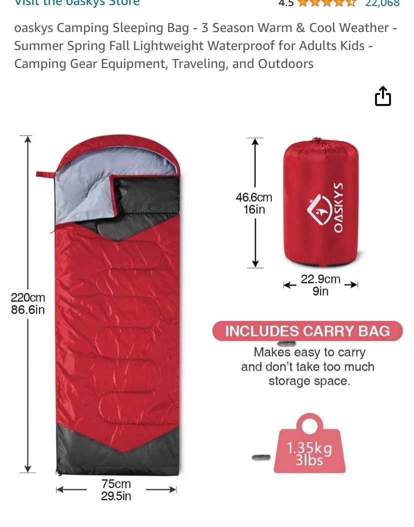Sleeping Bag For Camping- 3 Seasons, Water Proof, Lightweight, Adults And Kids