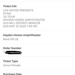 Sting (2) GA Tickets, Sunday 5/25 -$100