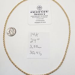 14k Gold 24" 2 Tone Diamond Cut Rhodium Plated Rope Chain